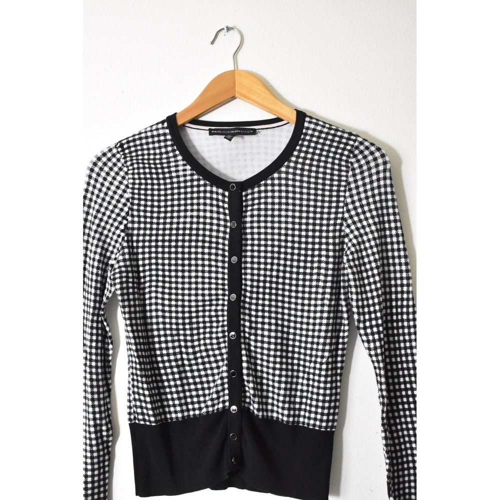 White House Black Market Cardigan Womens S Black White Gingham Button Front Knit - Picture 2 of 6